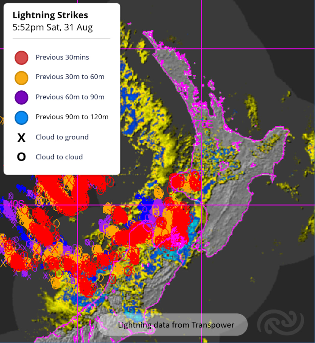 A MetService data map representing lightning strikes recorded by Transpower, across a wide swathe of the country on Saturday evening, 31 August, 2024.