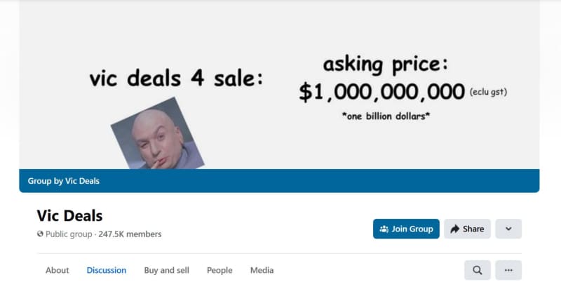 A Facebook cover image depicts a meme of Dr Evil. The text above him reads  'Vic Deals 4 Sale. Asking price: one billion dollars.