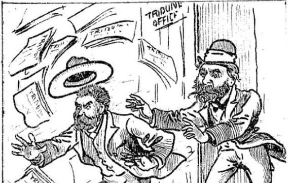 A cartoon from The Observer of Desmond being evicted from the office he used to publish the Tribune in 1880.