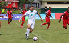 Chris Wood attacks for the All Whites against Tahiti in the first round of Oceania football qualifiers in Vanuatu, October 2024.