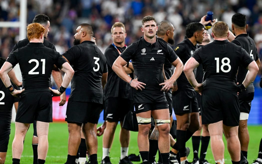 Dalton Papali'i of New Zealand and New Zealand All Blacks dejected after the match. Rugby World Cup France 2023, France v New Zealand All Blacks pool match at Stade de France, Saint-Denis, France on Friday 8 September 2023. Mandatory credit: Andrew Cornaga / www.photosport.nz