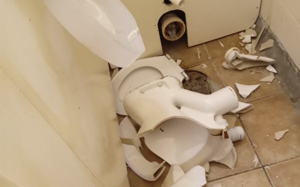 Smashed toilet bowl