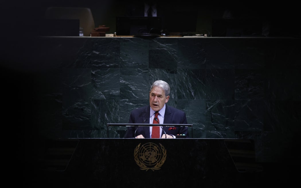 New Zealand's Minister of Foreign Affairs Winston Peters speaks during the General Debate of the United Nations General Assembly at UN headquarters in New York City on September 26, 2025. (Photo by Leonardo MUNOZ / AFP)