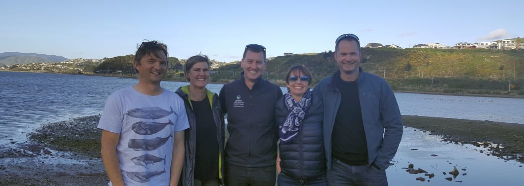 Te Awaroa o Porirua Whaitua Committee members Stu Farrant and Warrick Lyon (far left and right), with Paula Hammond,  Mark Heath and Megan Oliver from Greater Wellington Regional Council.
