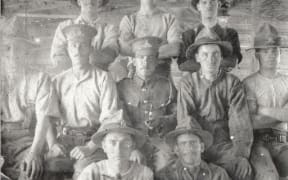 ‘Our gun detachment taken in the back room’ - 7th March 1915 D Sub-section, 3rd Battery, NZFA. Zeitoun Camp, Egypt. (Sergeant Allan is back row on right)
