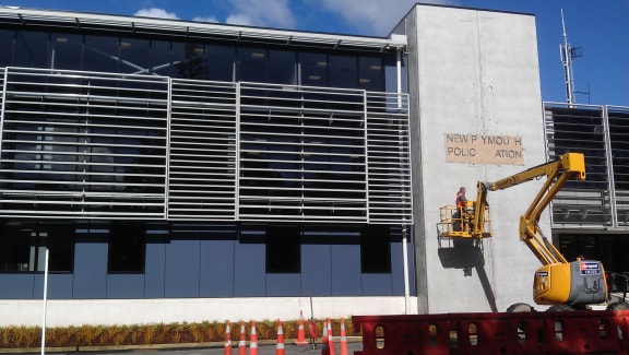 The signage going up on the new police station in New Plymouth.