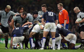 Referee Wayne Barnes watches the scrum set as All Black halfback Brendon Leonard is about to put the ball in against France in the 2007 Rugby World Cup quarter-final in Cardiff.
France controversially won the match 20-18.