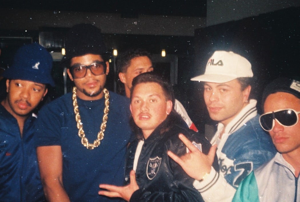 Run-D.M.C. with Upper Hutt Posse (L-to-R: DJ Run, D.M.C, DLT, Rhys B, Tee Pee, D Word)