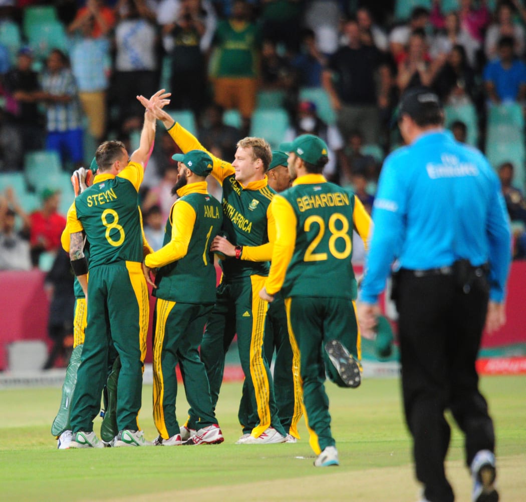 South Africa celebrate a wicket against West Indies on 16 January in Durban.