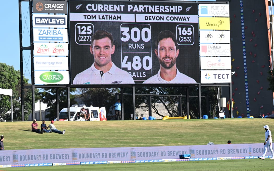Tom Latham and Devon Conway partnership during play on Day 1 of the 3rd cricket test match between New Zealand and West Indies at Bay Oval in Mt Maunganui, New Zealand. Thursday 18 December 2025. © Photo: Andrew Cornaga / Photosport