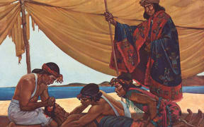 A lithograph depicting trepanation performed by a first century Peruvian physician, from a portfolio by Robert Thom illustrating the history of medicine.