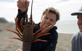 Ben Bayly with a crayfish on Tora Beach.