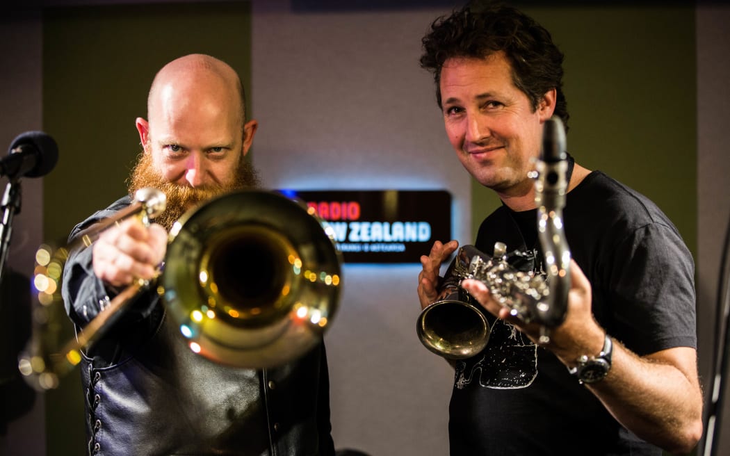 Tim Stewart (left) and Nick Atkinson (right) of Hopetoun Brown in the Auckland RNZ studio.
