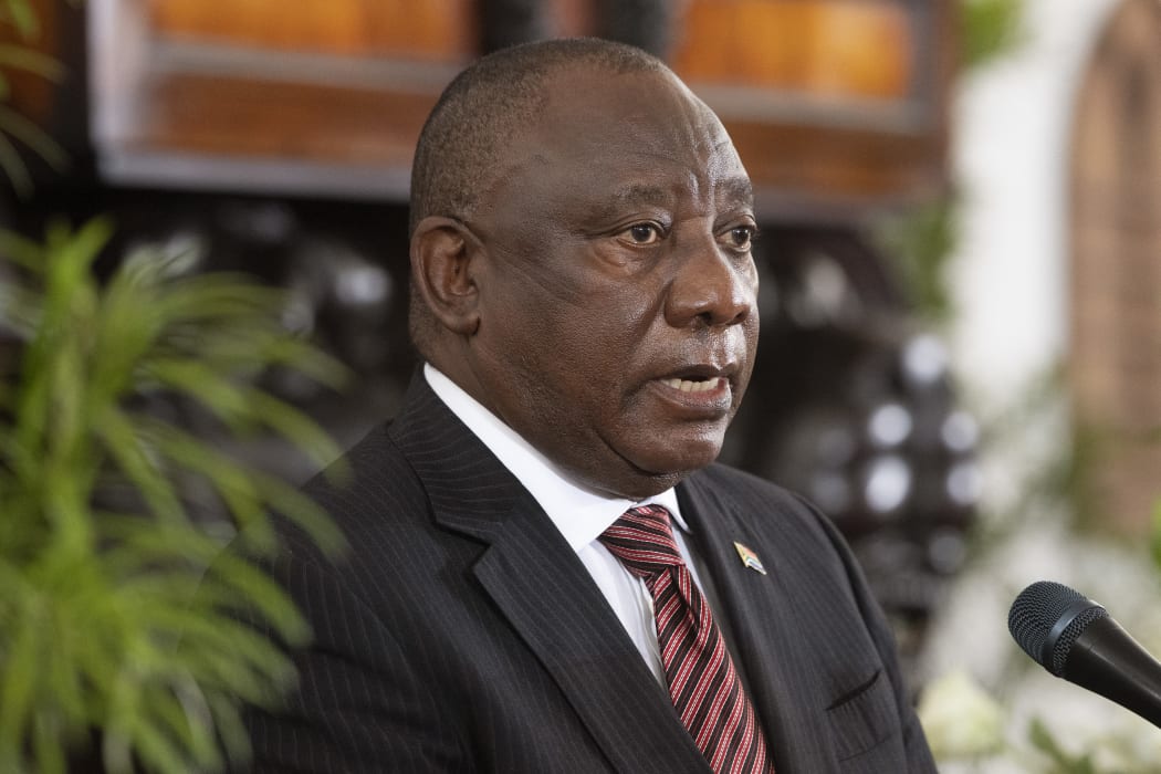 South African President Cyril Ramaphosa speaks during former South African President FW de Klerk's state memorial service at the Groote Kerk church in Cape Town on December 12, 2021.