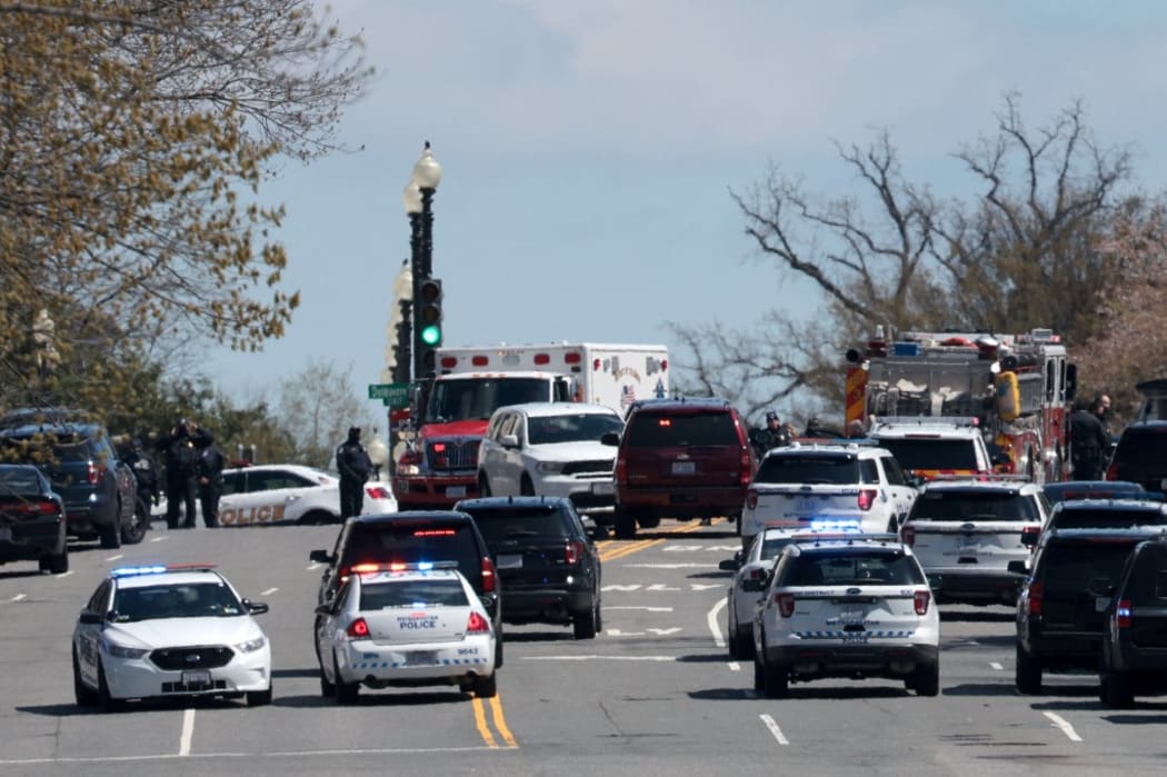 WASHINGTON, DC - APRIL 02: Emergency vehicles on scene after a vehicle charged a barricade at the U.S. Capitol on April 02, 2021 in Washington, DC.