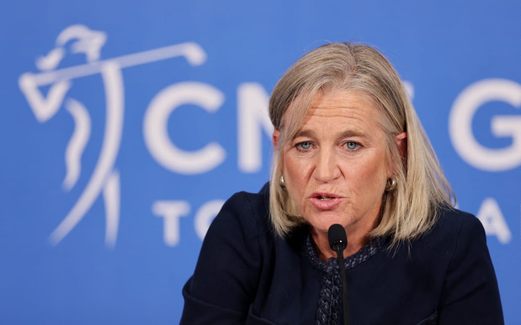 LPGA commissioner Mollie Marcoux Samaan speaks to the media prior to the CME Group Tour Championship 2024 in Naples, Florida, Nov 2024.