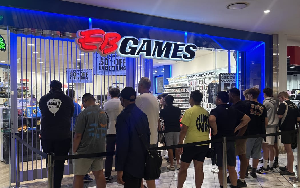 Queues formed outside of EB Games in Auckland's St Lukes on 15 January, 2026 as the business prepares for closure.