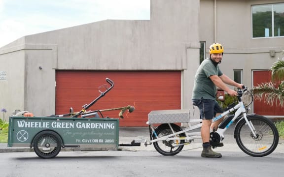 Clive Goodger and the cargo e-bike set-up he uses for his gardening business Wheelie Green Gardening