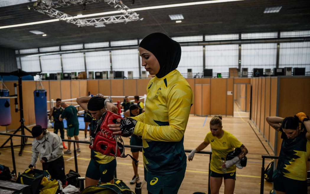 Australian boxer Tina Rahimi prepares to take part in the Australia boxing team training session at the Paris Olympics.