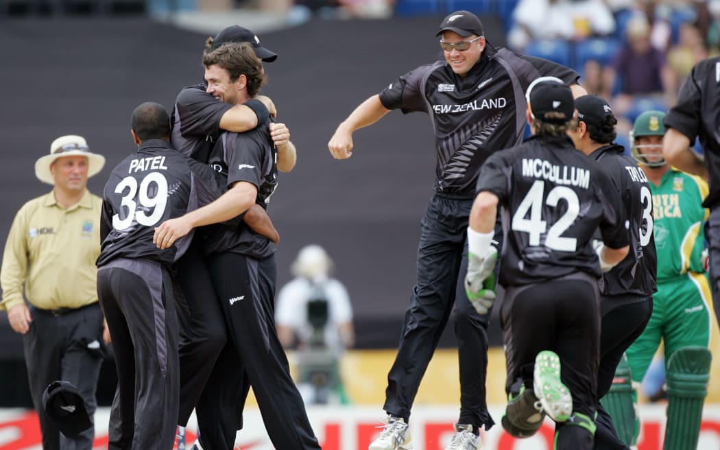 James Franklin celebrates with team mates after dismissing AB De Villiers during the Black Cap's Super 8 win over the Proteas in 2007.