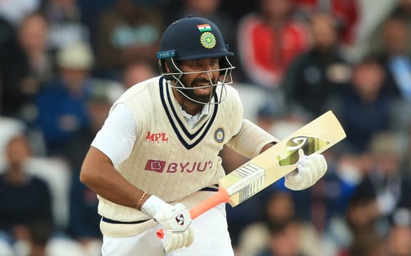 India's Cheteshwar Pujara in action on the third day of the third cricket Test match against England at Headingley cricket ground in Leeds, northern England, on August 27, 2021.