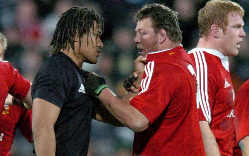 All Blacks Rodney So'oialo and the Lions Steve Thomson square off.