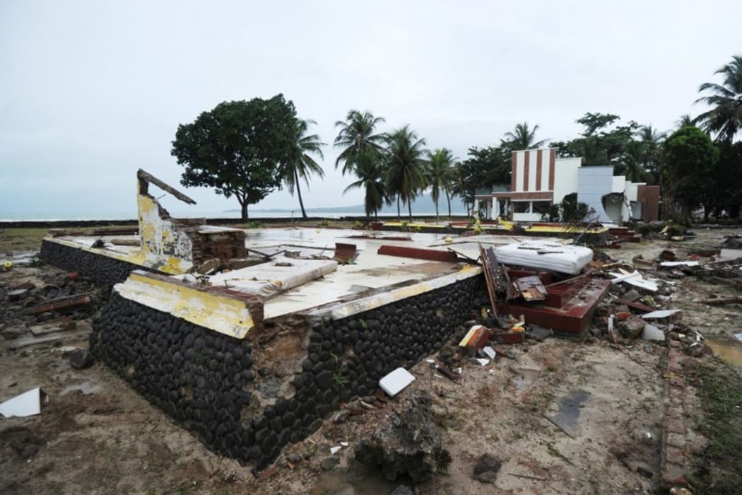 This general view shows only the leftover foundation of a building at the Mutiara Carita Cottages in Carita in Banten province on December 24, 2018, two days after a tsunami - caused by activity at a volcano known as the "child" of Krakatoa - hit the west coast of Indonesia's Java island.  AFP