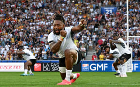 Waisea Nayacalevu of Fiji leads his teammates as players of of Fiji perform the Cibi prior to the Rugby World Cup France 2023 match between Australia and Fiji at Stade Geoffroy-Guichard on September 17, 2023 in Saint-Etienne, France.
