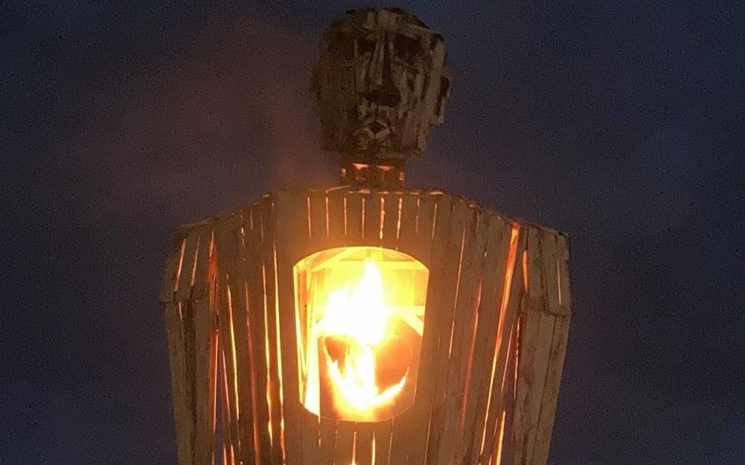 Burning man used in Guy Fawkes event in Te Awanga, on coast near Hastings