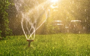 Lawn sprinkler with a lot of copy-space and sun shining from back side