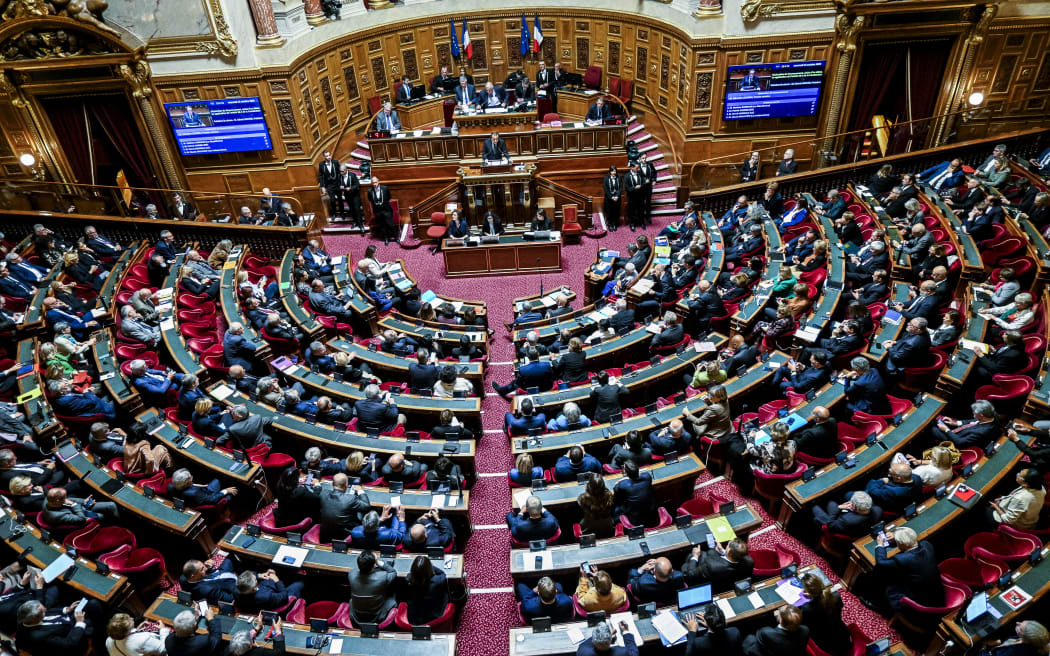 France s Prime Minister, Sebastien Lecornu, delivers general political remarks to members of Senate, in Paris, on October 15, 2025. (Photo by Magali Cohen / Hans Lucas via AFP)