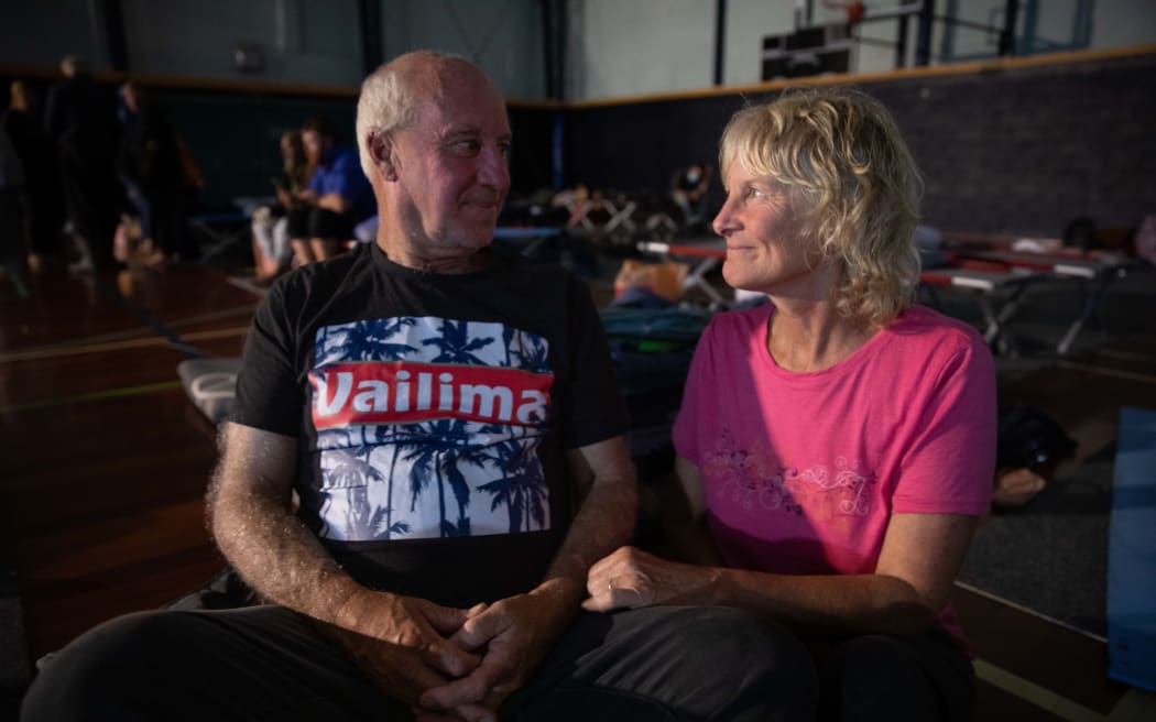 Ross Cocking and partners Raewyn Nelson from Hastings say they've lost everything due to Cyclone Gabrielle. They are staying at Hastings Sports Centre, which has become an evacuation centre.