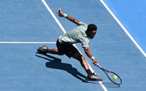 Gael Monfils of France plays a shot against Facundo Diaz Acosta of Argentina in the Quarter Final Men’s Singles Match of the 2025 Men’s ASB Classic.
