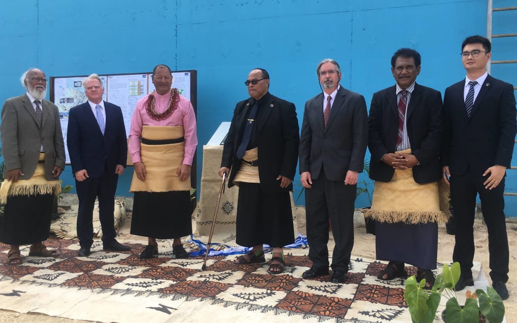From left: the chair of the Common Utilities Board, Australian High Commissioner Adrian Morrison, His Royal Highness King Tupou Vl, Prime Minister of Tonga Pōhiva Tuʻiʻonetoa; James Lynch, the CEO of the Tonga Water Board and a representative from the China Civil Engineering Construction Company.