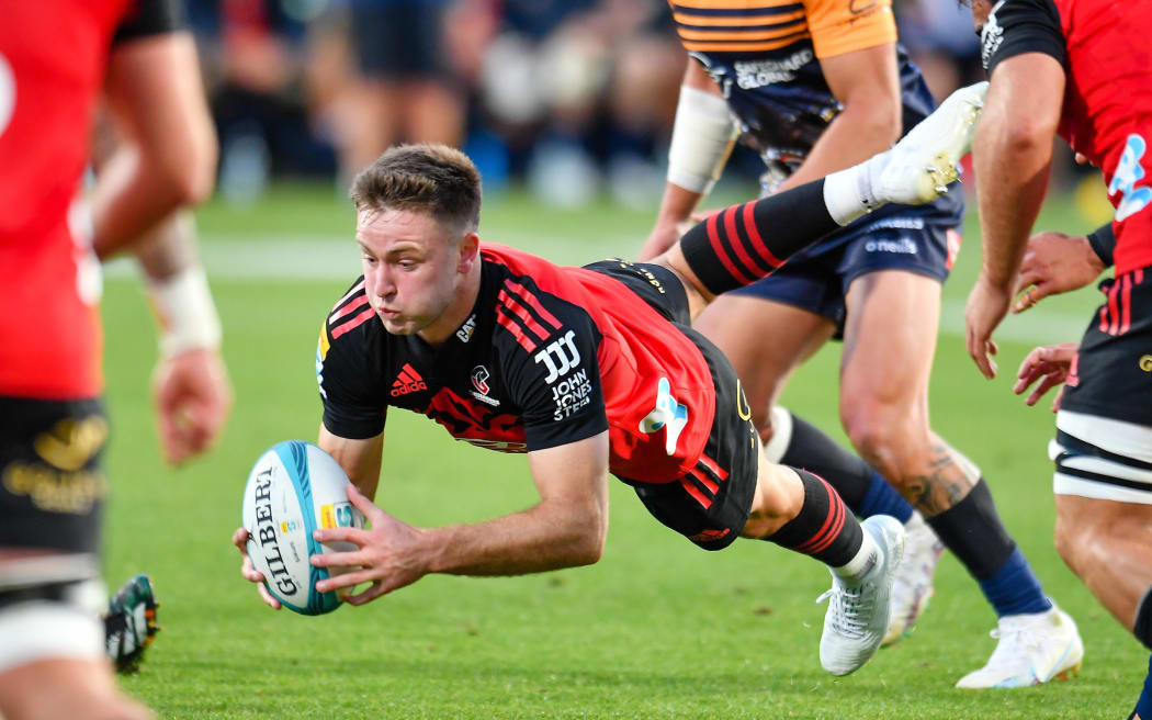 Fergus Burke of the Crusaders during the Super Rugby Pacific Rugby match, Crusaders Vs Brumbies, at Orangetheory Stadium, Christchurch, New Zealand, 24th March 2023.