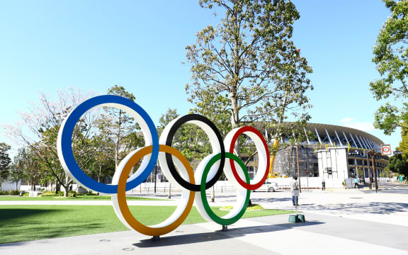 Olympic rings are displayed at Japan Sport Olympic Square near national stadium in Tokyo, Japan.