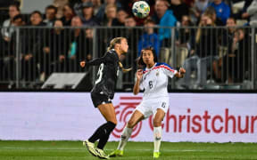 Macey Fraser of New Zealand and Pattaranan Aupachai of Thailand during the International Womens Football match, New Zealand Football Ferns Vs Thailand, Apollo Projects Stadium, Christchurch.
