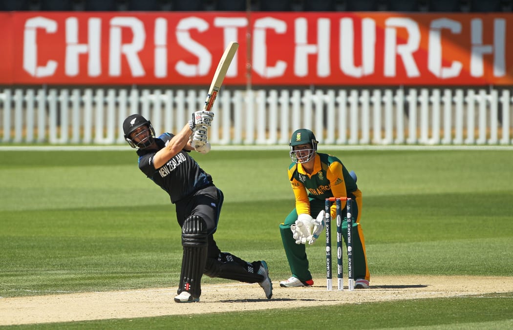 Black Caps batsman Kane Williamson hits a big shot against South Africa.