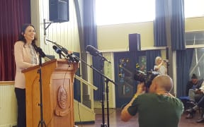 Labour Party leader Jacinda Ardern announces the party's education policy at Western Springs College in Auckland.