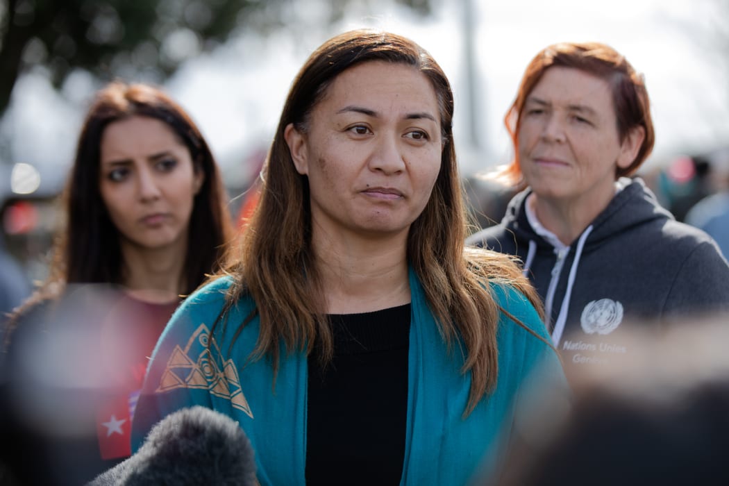 Marama Davidson speaking at Ihumatao on Friday.