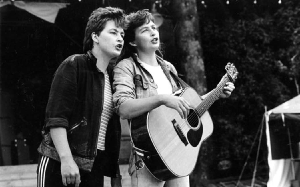 The Topp Twins in the early 1980s.