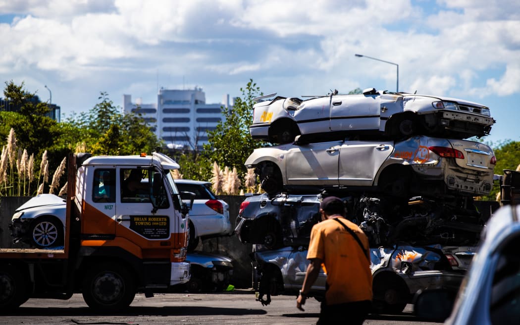 Damaged cars piled up at Zebra's Broken Car Collection in Manukau.