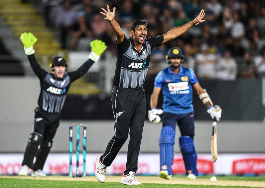 New Zealand leg spin bowler Ish Sodhi appeals successfully for a LBW decision to dismiss Dasun Shanaka.