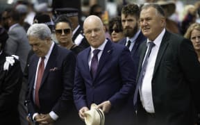 Winston Peters,  Prime Minister Christopher Luxon and Shane Jones are greeted as they arrive at Rātana Pā in 2024.