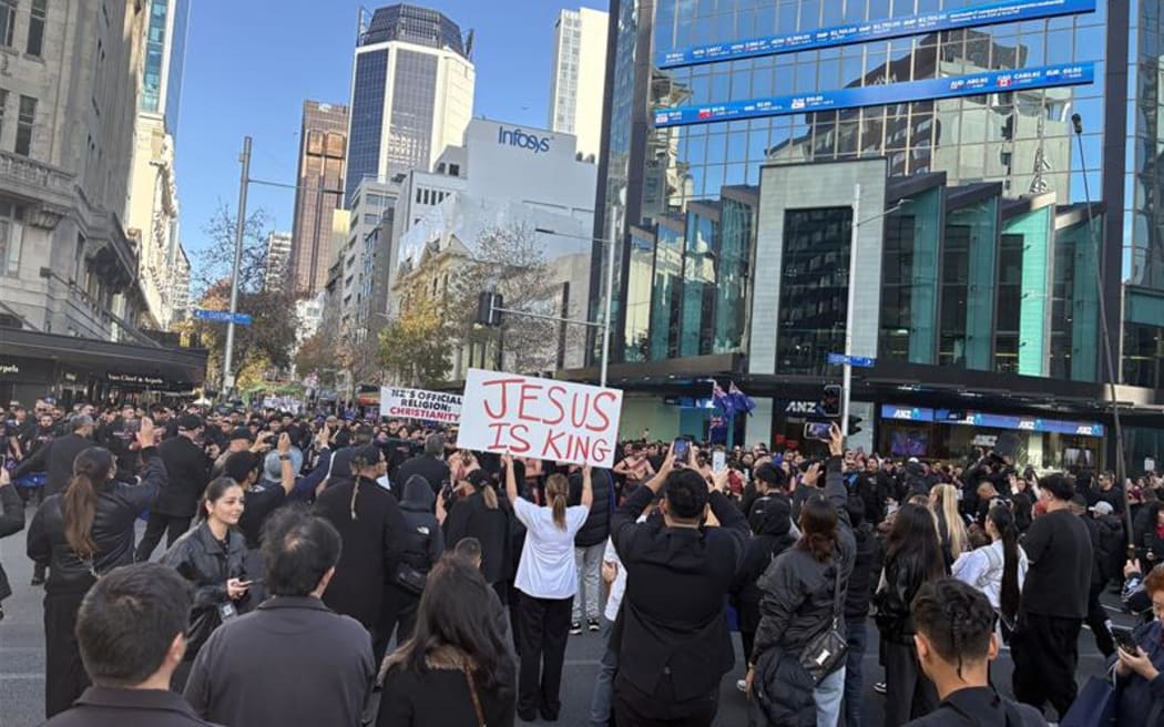 Protesters at a Destiny Church rally in Auckland, 21 June 2025.