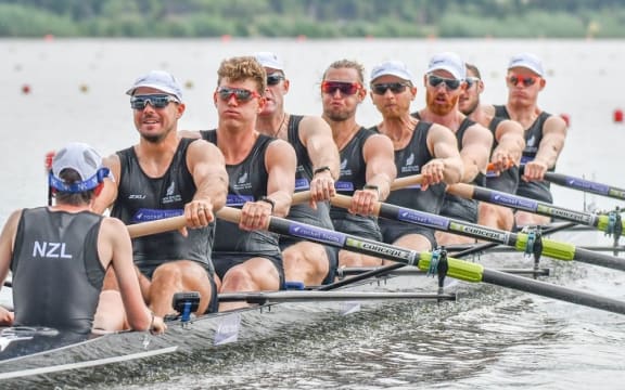 The New Zealand men's eight competing at the World Cup in Poland.