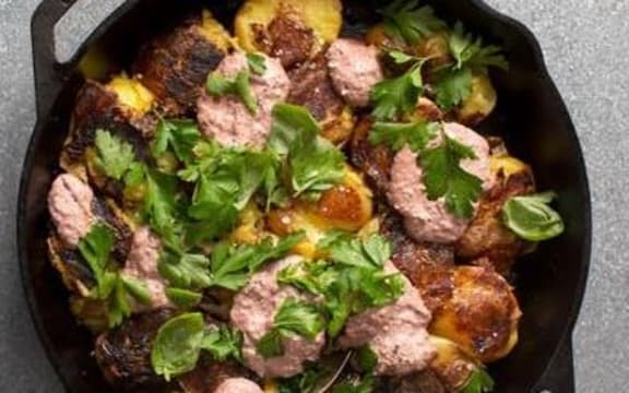 Al Brown's Smashed Griddle Potatoes with Black Olive Mayo & Fresh Herbs