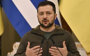 Ukraine's President Volodymyr Zelensky speaks during a joint news conference with Greece's President following their meeting at the Mariinskiy palace in Kyiv on November 3, 2022, amid the Russian invasion of Ukraine.