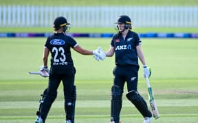 Suzie Bates and Maddy Green of New Zealand during the 2nd ODI International against Pakistan at Hagley Oval
