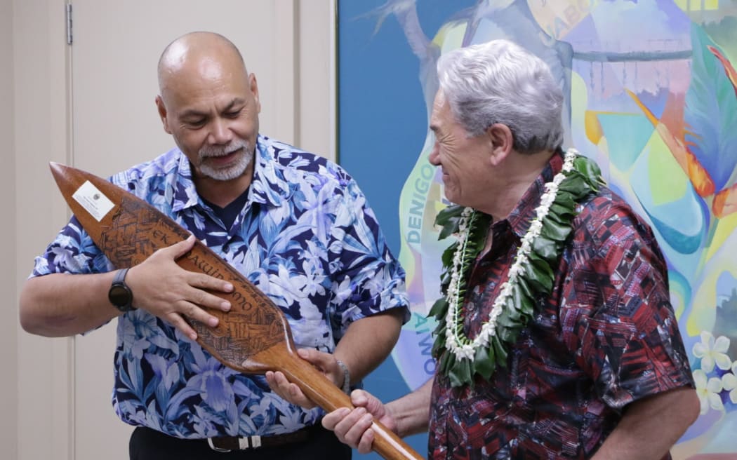 New Zealand Foreign Minister Winston Peters meets with Nauru's Minister of Foreign Affairs and Trade and former President Lionel Angemiah.